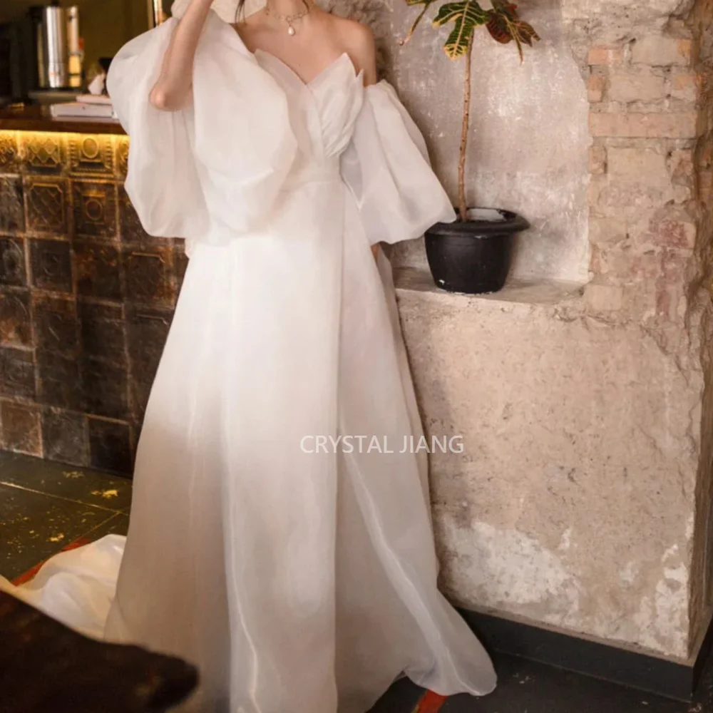 Robe de mariée en organza sans bretelles pour femme, manches bouffantes amovibles, long, simple, avec poignées, compromis, train de balayage, patients, quoi que ce soit