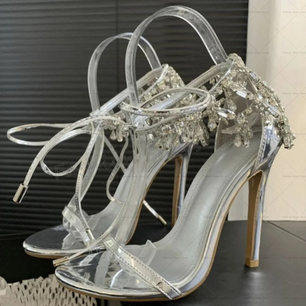 

Silver Crystal Lace up Open Toe Sandals Patent leather Women Shoes Thin High Heels Party Banquet Dating 2025 Zapatos Para Mujere