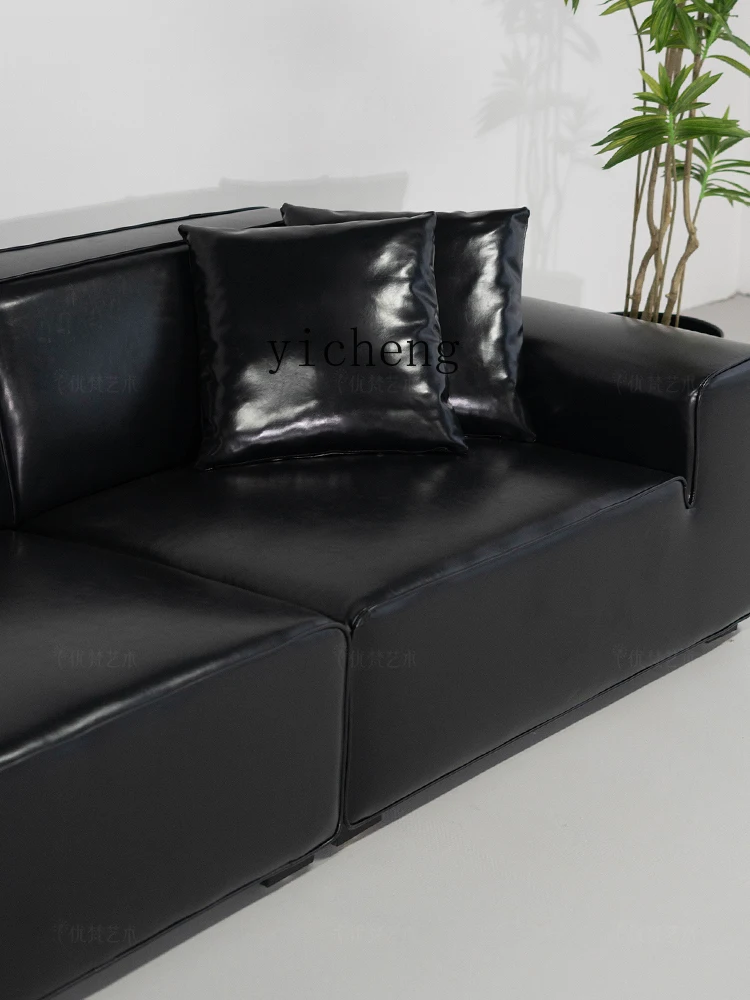 Zk Leather Sofa  Minimalist Black Tofu Block Straight Row Sofa