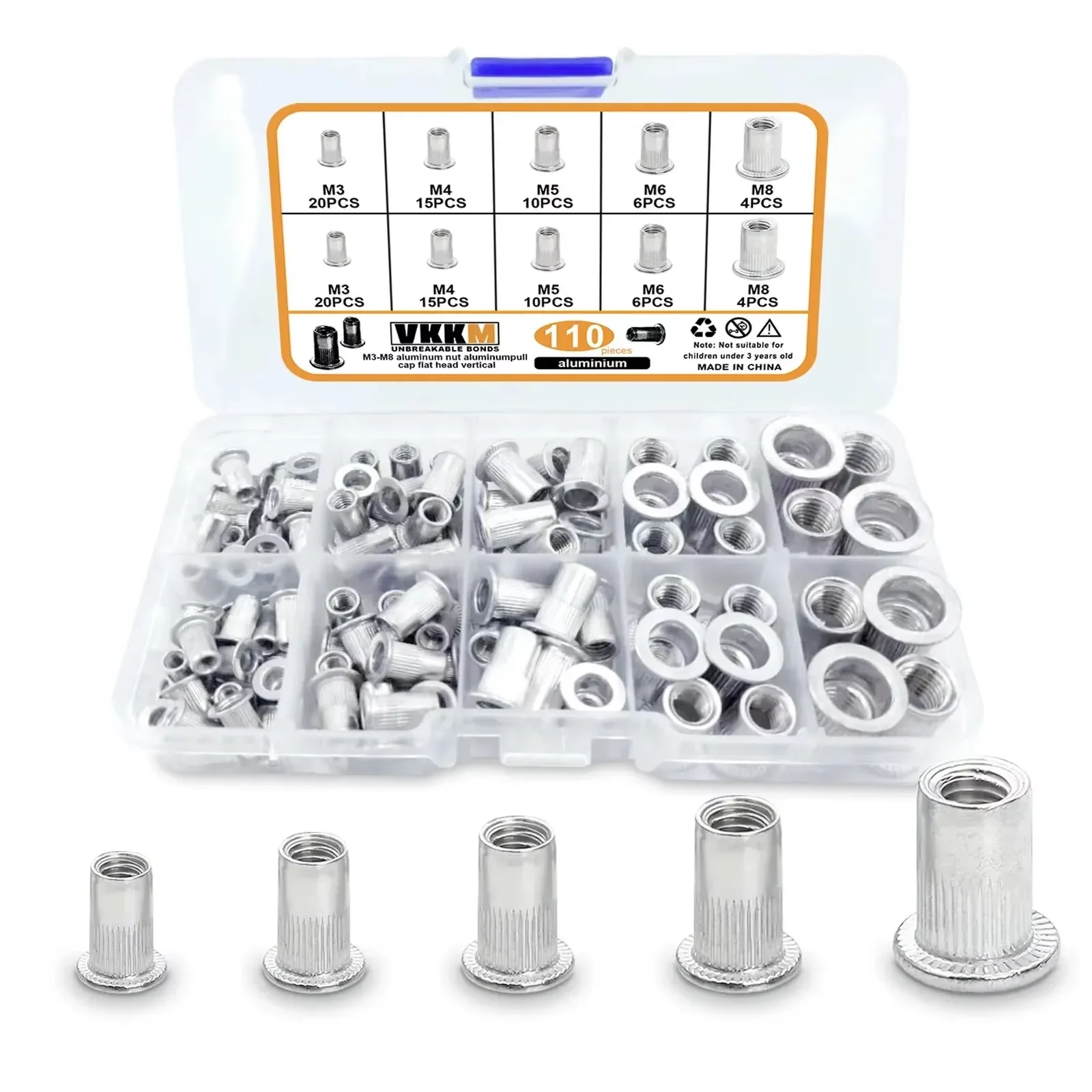 Kit de montaje de tuercas remachadas de hilo plano de aluminio, 110 Uds., para muebles automotrices, productos industriales