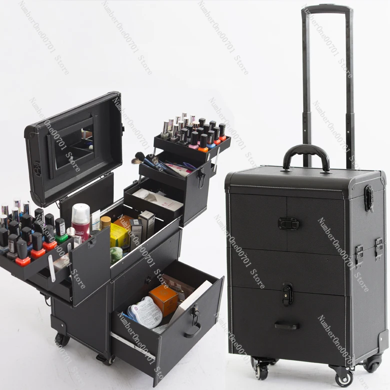 

Professional trolley cosmetic case Large capacity follow-up makeup nail art pattern embroidery multi-layer toolbox