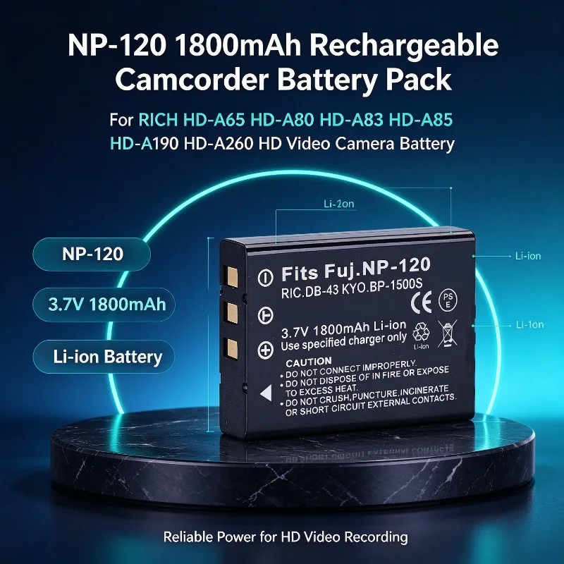 NP-120 1800mAh Rechargeable Camcorder Battery Pack for RICH HD-A65 HD-A80 HD-A83 HD-A85 HD-A190 HD-A260 HD Video Camera Battery