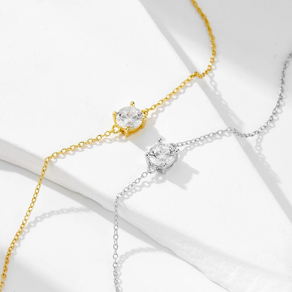 925 Sterling Silver Four Prong Round CZ Solitaire Adjustable Thin Cable Chain Bracelet Women Minimal Dainty Stacking Wrist Jewel