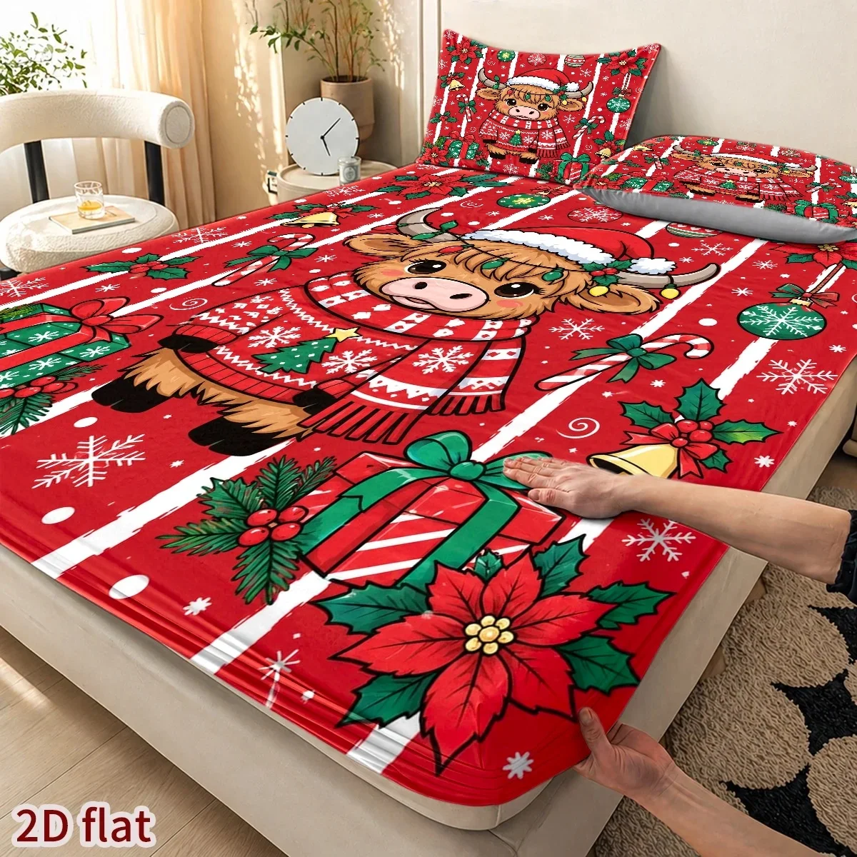 Christmas Reindeer Red Flower Digital Print Three-Piece Bedding Set (Includes 1 Fitted Sheet + 2 Pillowcases) 3-Piece Set, Large Capacity Deep Pocket 2D Printed Fitted Sheet and 2 Pillowcases, Mattress Protector, Fitted Elastic Style, Protective Cover, Mattress Protector, Suitable for All Seasons, Machine Washable Design, Holiday Decoration, Various Sizes, Breathable Protective Cover with Pillowcase