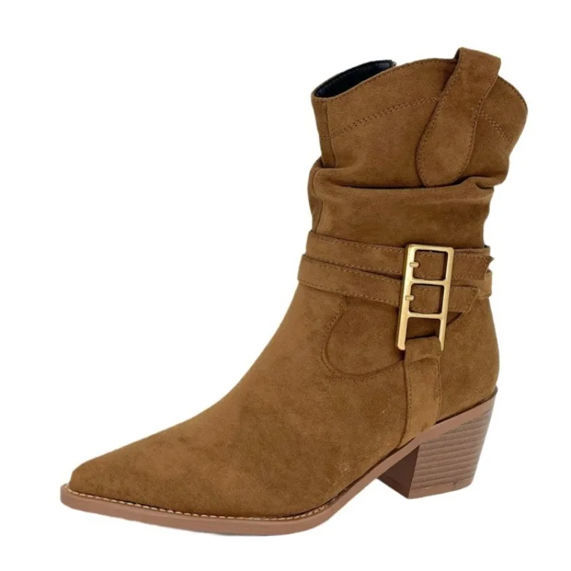 

Pointed Toe High Heel Booties Women Fall Winter New Western Boots Block Heel Side Zipper Belt Buckle Fashion Boots