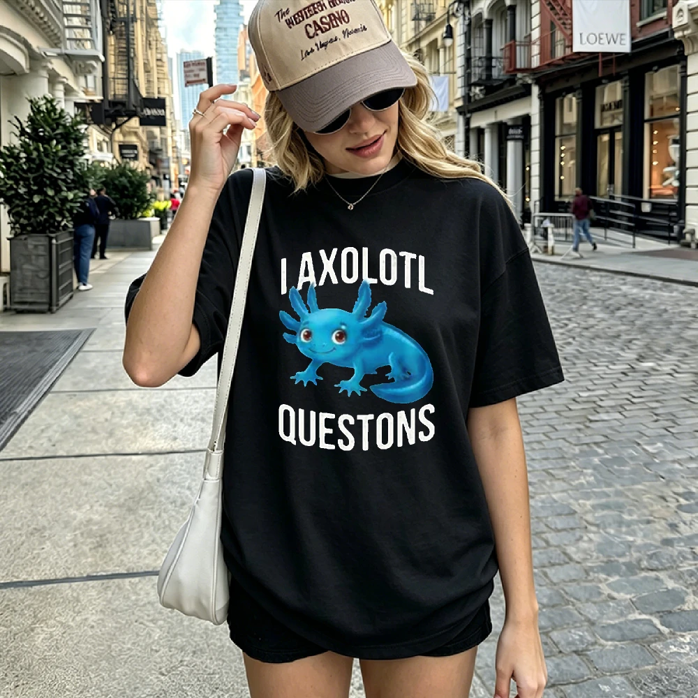 Simple Solid Blue Axolotl I Axolotl Questions Text Print Tshirt Minimalist Amphibian Cotton Tee Funny Pun Animal Lover Basic Top
