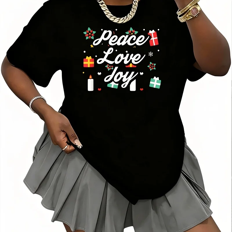 Peace Love Joy Christmas Gift Star Snowflake Christmas Gift Women's 100% Cotton T-Shirt Short Sleeve Top Casual Round Neck Fun Print Tee S-5Xl