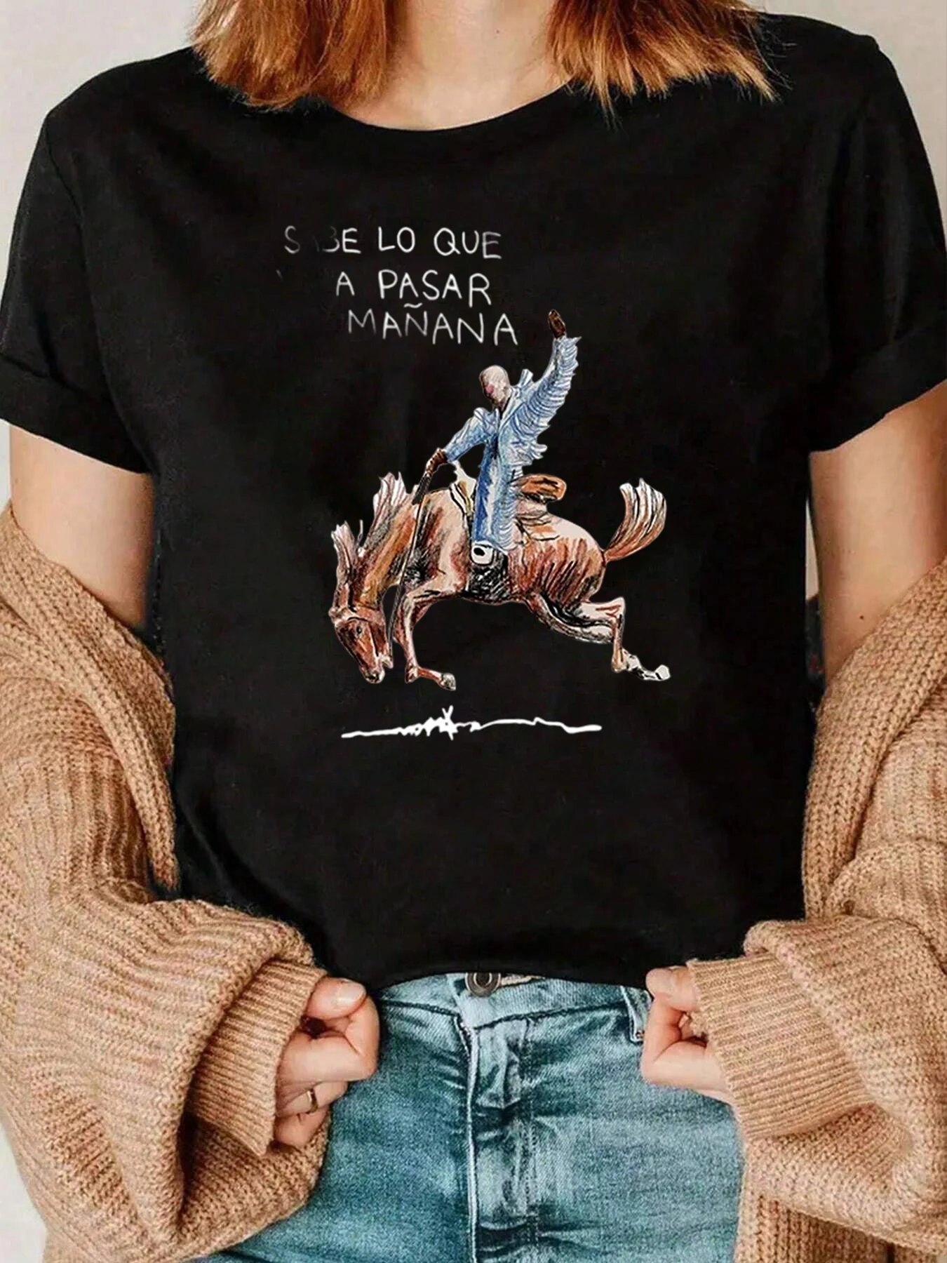 Camiseta con gráfico de equitación y texto español, ropa informal para mujer, 220g
