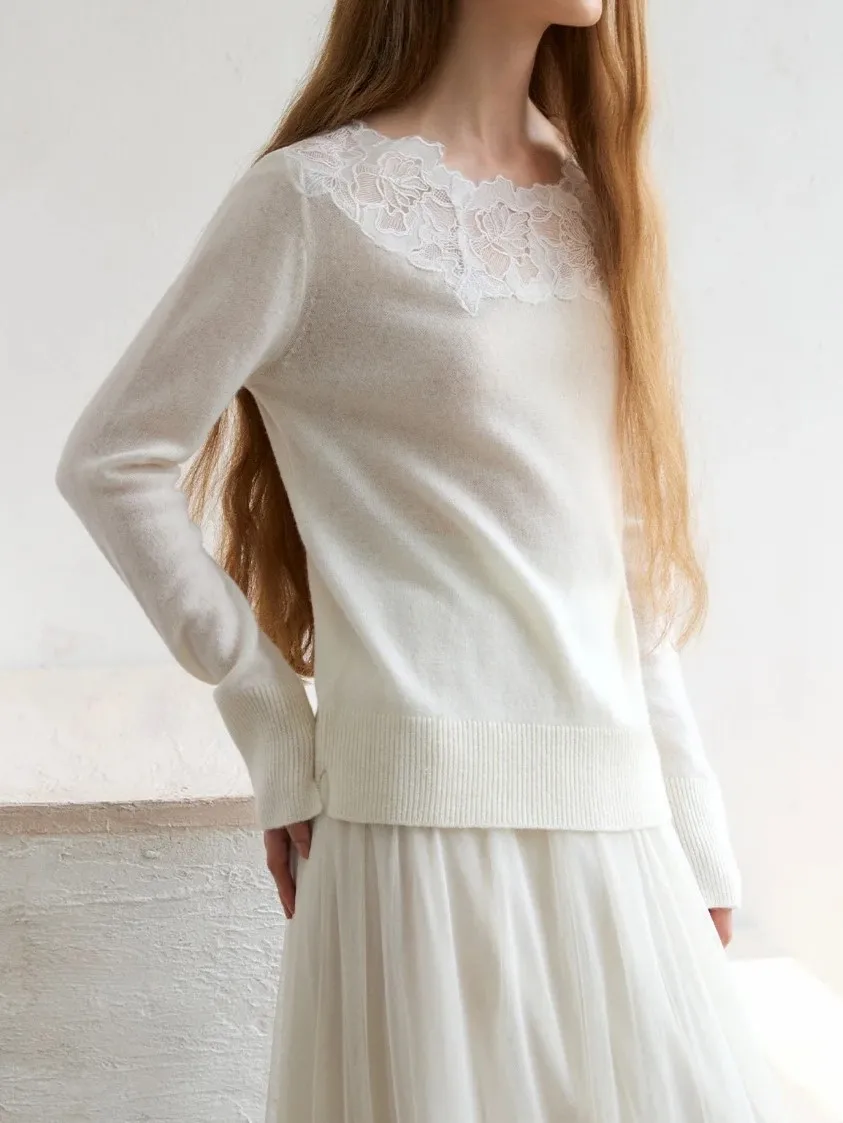 

Women's Lace Embroidery Patchwork Sweater Round Neck Long Sleeve Elegant Ladies Wool Cashmere Knitted Pullover