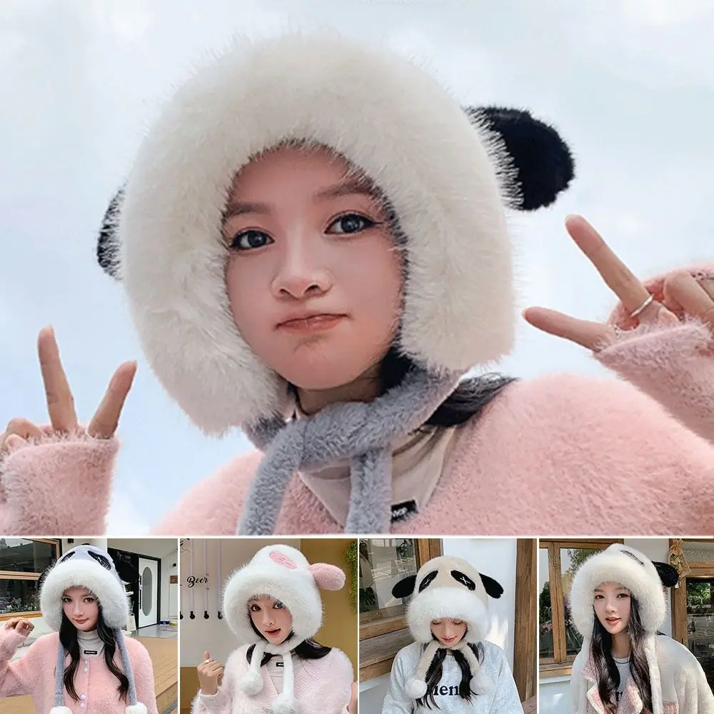 Outdoor Plush Panda Ear Hat Windproof Thickened Bucket Hat Winter Warm Ear Protection Cap for Woman Girls