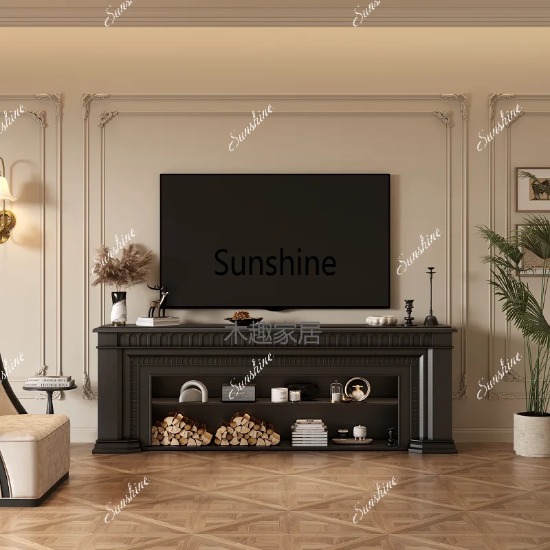 American fireplace TV cabinet living room background wall solid wood, entrance, custom