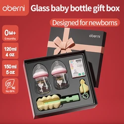 Oberni newborn baby glass milk bottle baby feeding kit Anti Colic with silicone pacifier 0 to 6 months gift set for boy and girl