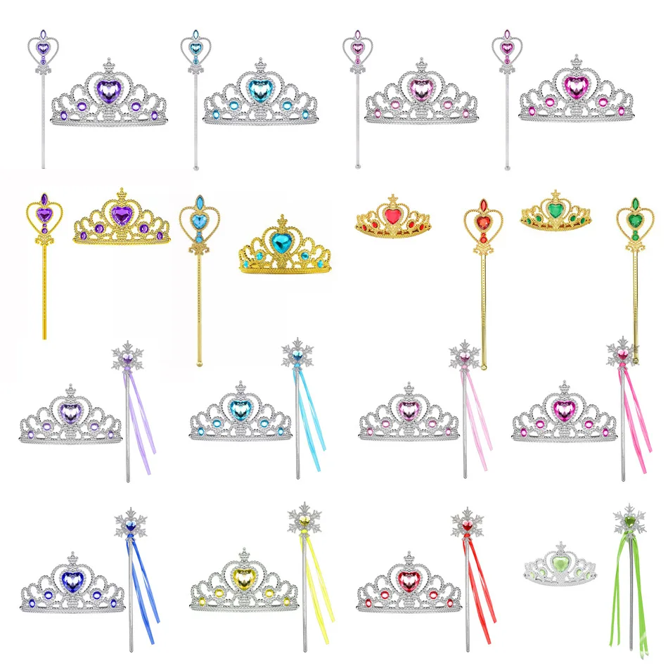 Pincess Crown Love Snowflake Stick Set Jasmine ChildrenCrown Magic Stick Children Plastic Princess Coplay Toy Dress Up Jewelry