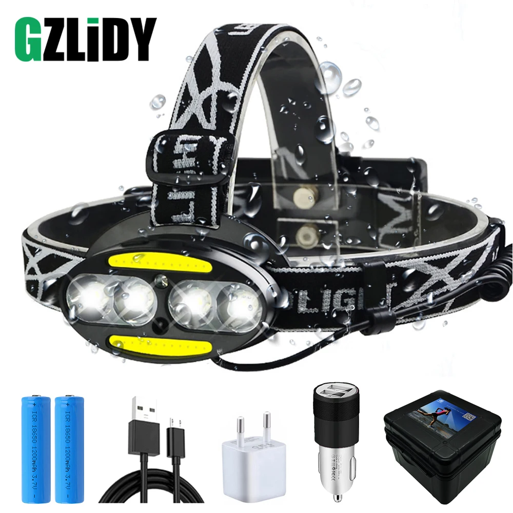 Super bright LED headlamp 4 x T6 + 2 x COB + 2 x Red LED Waterproof led headlight 7 lighting modes with batteries charger