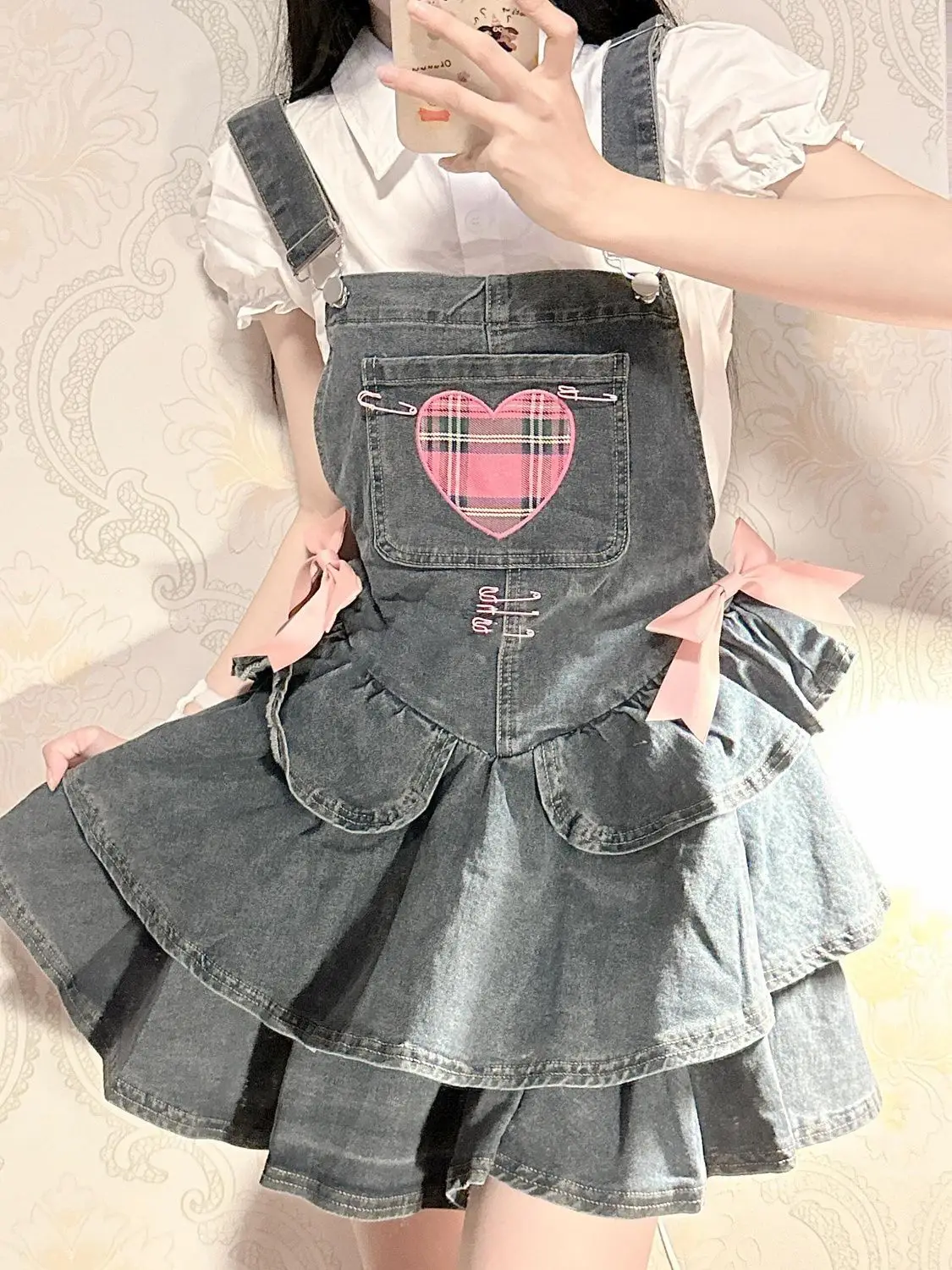 2024 Summer Bow Denim Strap Skirt for Women Harajuku Sweet Style Korean Edition A-line Puff Short Skirt Women Clothing