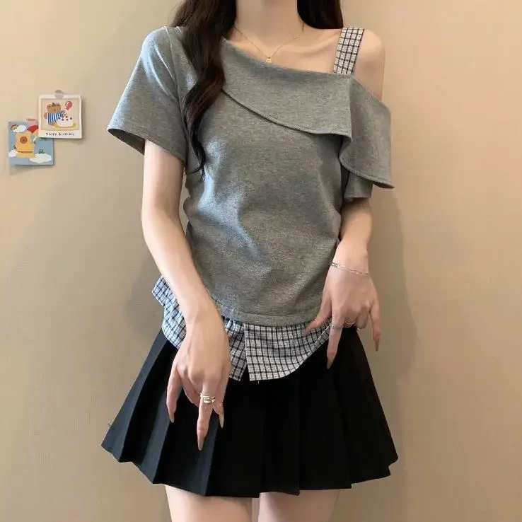 

2026 Summer New Cotton Checkered Splicing Diagonal Shoulder Short Sleeve T-shirt for Women Off Shoulder Top