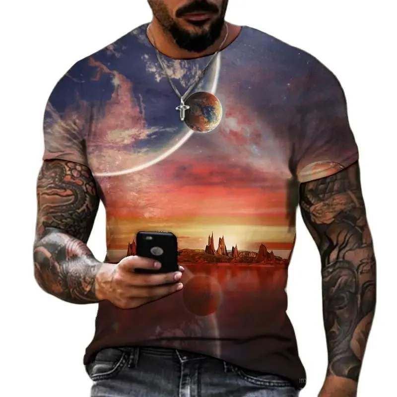 Cosmic Galaxy Space Natural Landscape 3D Printed Summer Science Fiction Romantic Crewneck Short Sleeve Men\'s T-shirt Fashion Top