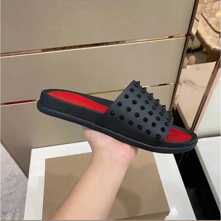 

Summer Sandals Men Beach Slippers Slip Rivet Decor Slip On Open Toe Unisex Red Slides Couple Seaside Vacation Shoes Size 35-46