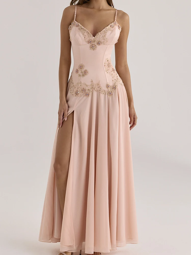 Elegant V-Neck Pink Strapless Maxi Dress Luxury Lace Bead Embellished Bodice High Slit Prom Dresses Lady Formal Evening Gown - view 6