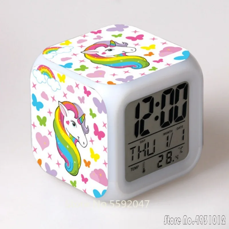 Anime Colorful Unicorn Cartoon Alarm Clock Creative Student 8x8x8cm LED Cube with Colorful Light Display Time Week Month