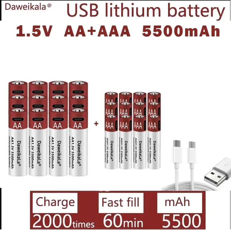 Neue wiederaufladbare AA 1,5 V 5500 mAh/1,5 V AAA 5500 mAh Lithium-Batterie Taschenlampe Spielzeug Uhr MP3-Player Lithium-Batterie Ersatz