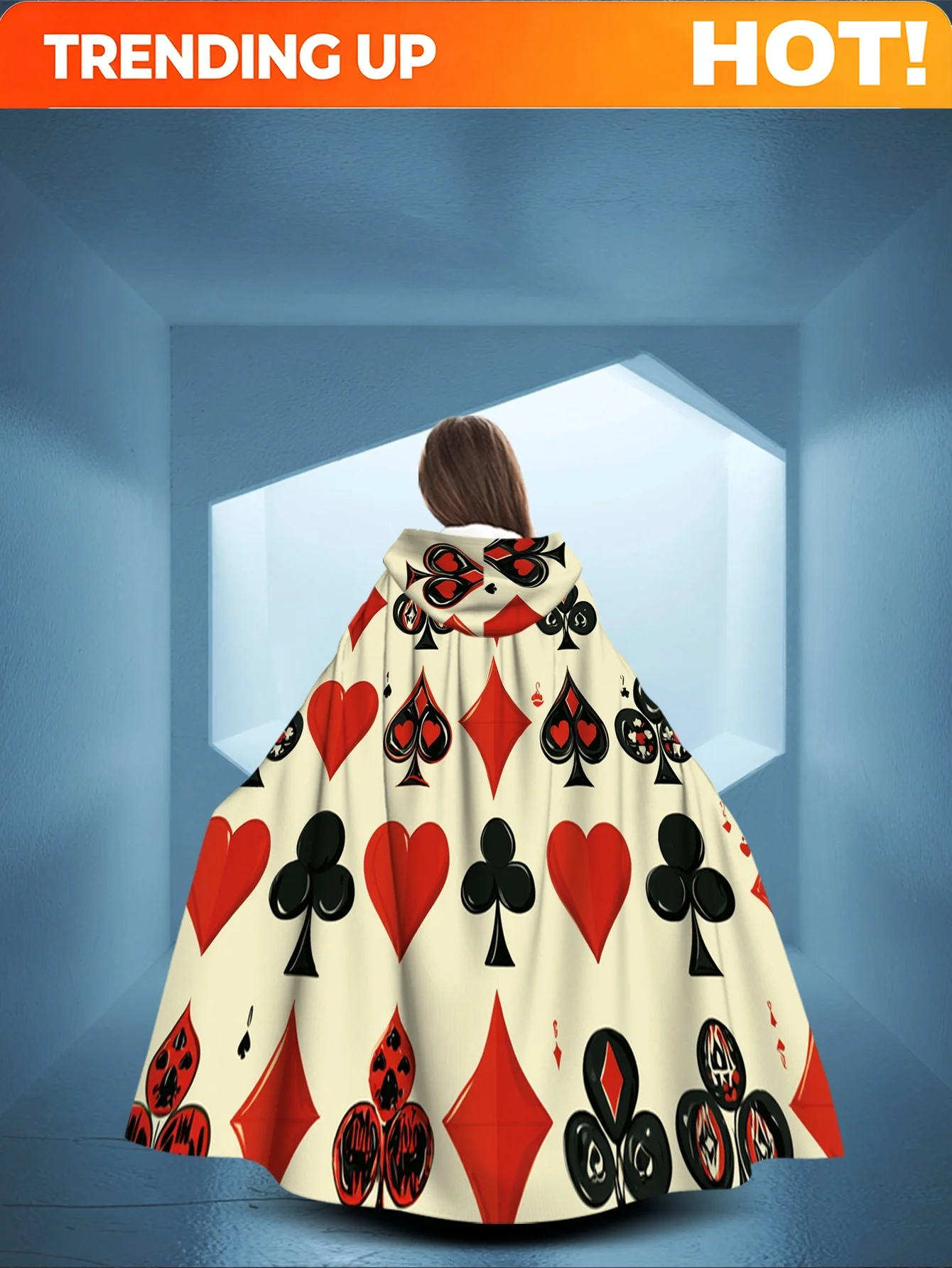 Customization 1pc Of 2D Flat Printed Comfortable Hooded Cape Featuring Playing Card Symbols, Made Of 100%, Ideal For Themed Show