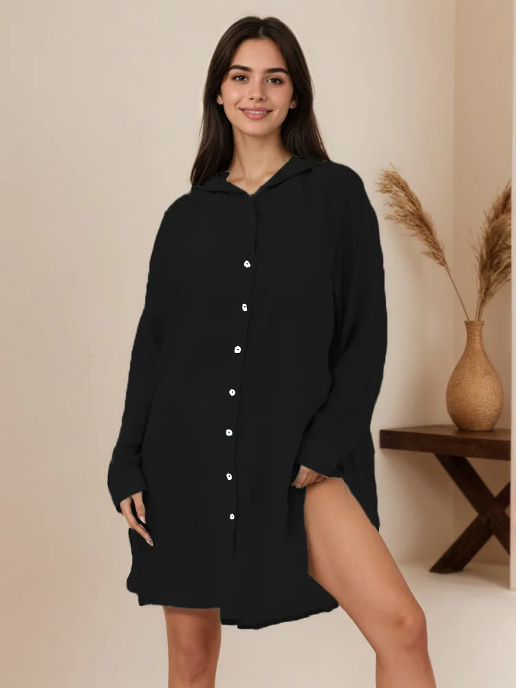 Women's Long Sleeve Button Down Tunic Dresses Beach Cover-ups Oversized Blouse Tops Bikini Bathing Suit