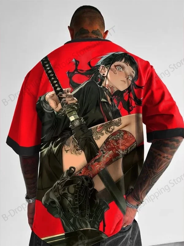 

New Japanese Anime Manga Tattoo Girl 3D Print T-shirt Men Women Fashion Plus Size Short Sleeve Tops Tees Katana Tshirt Outdoor