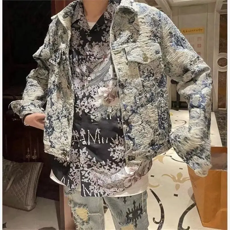

Spring 2025 Loose Rose Floral Denim Jaet High Version for Men And Women Casual Youth Sle Stand Fit Outerwear Coat