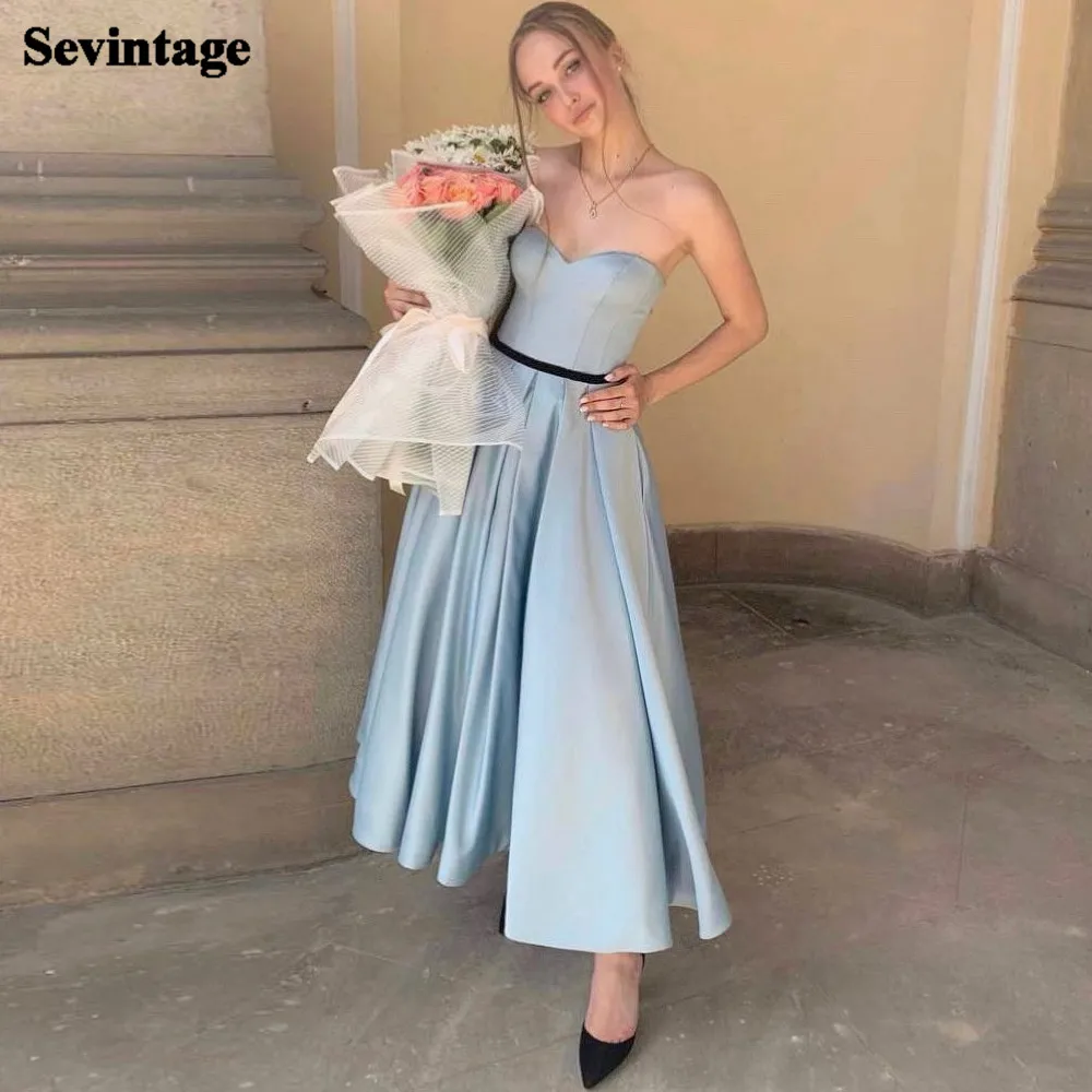 

Sevintag Blue Satin Midi Prom Dresses Ankle-Length Corset Back Formal Party Gowns A Line Black Belt Princess Short Women Dress