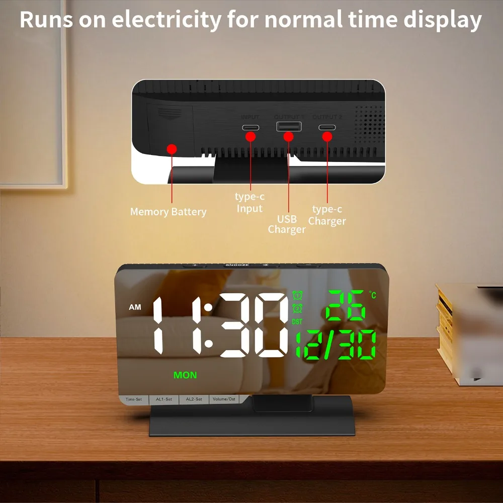 Multicolor Table Clock Large Screen Indoor Temperature Display LED Alarm Clock Date Display 6-Level Dimmer Digital Desk Clock