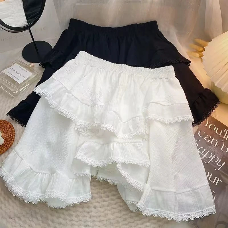 Elastic Waist White Black Irregular Mini Kawaii Skirt Japanese Style School Y2k Aesthetic Ruffles Folds Lace Short Women Skirt