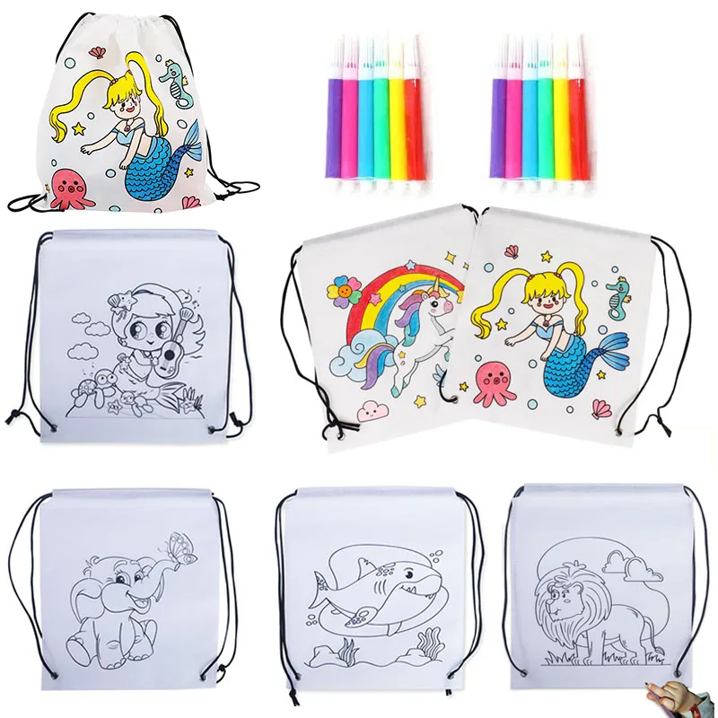 Children\'s Graffiti Backpack Bag DIY Coloring Painting Toys for Kids Cute Animal Mermaid Non-Woven Drawstring Bag Drawing Crafts