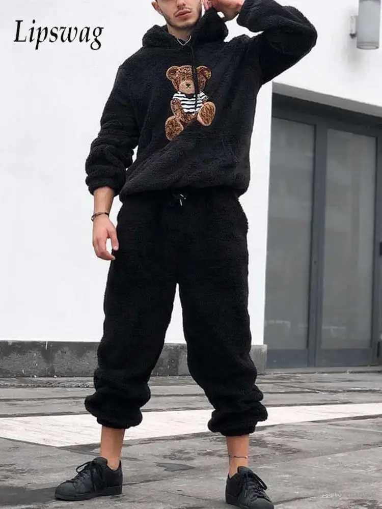 

Stylish Bear Embroidery Fleece Outfits Mens Vintage Drawstring Furry Hoodies And Pants Two Piece Sets Men Fall Winter Tracksuits