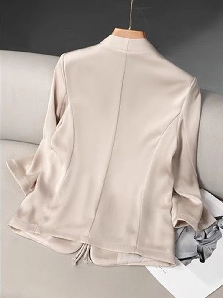 Smooth Satin V-neck 3/4 Sleeve Suit Jackets Slim Frog New Chinese Style Blazer Chaquetas Coats Women Elegant Vintage Vestes