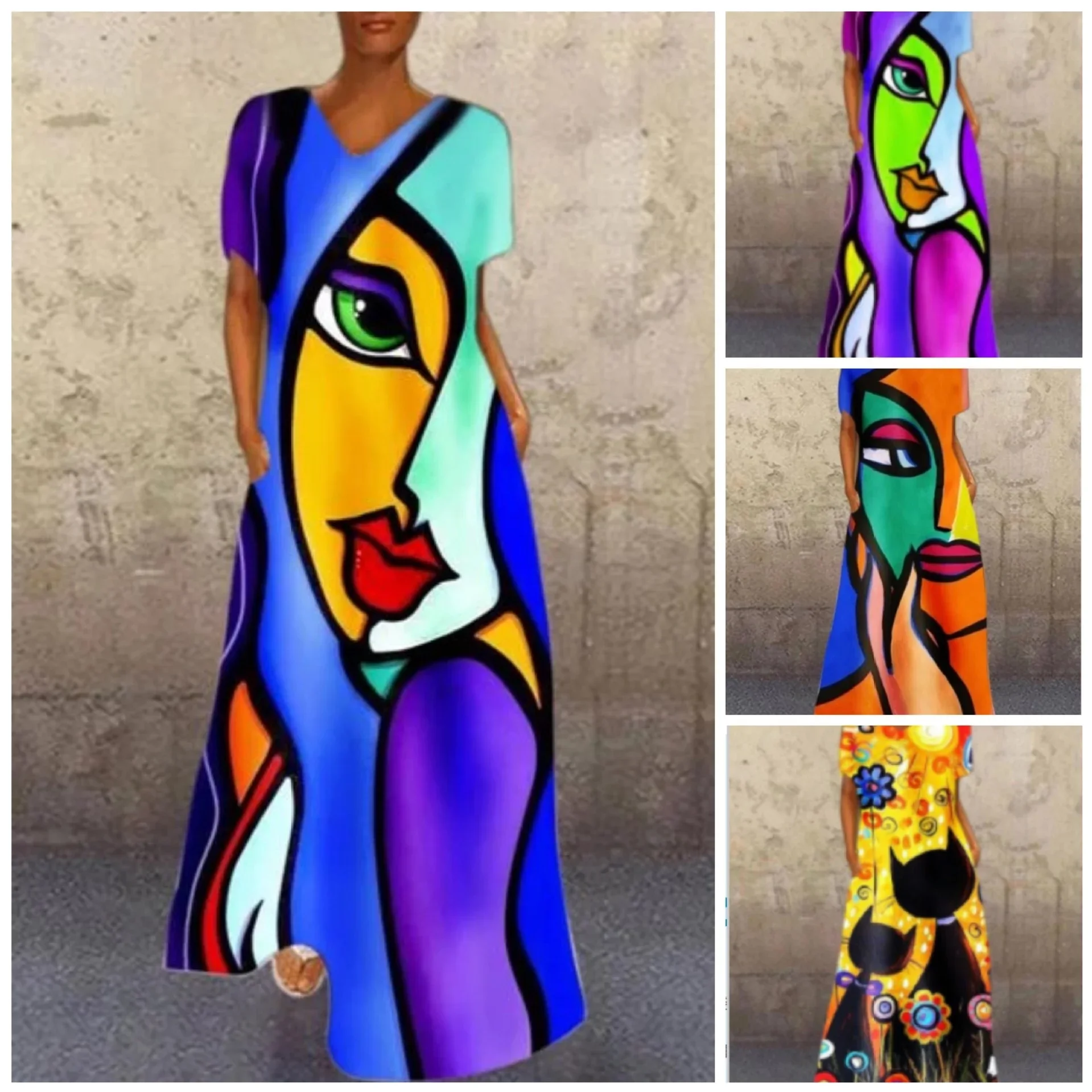 New Dress Portrait Cat Print V-Neck Four Side Elastic Long Dress  African Girls Pocket Dress Women Short Sleeve Dresses