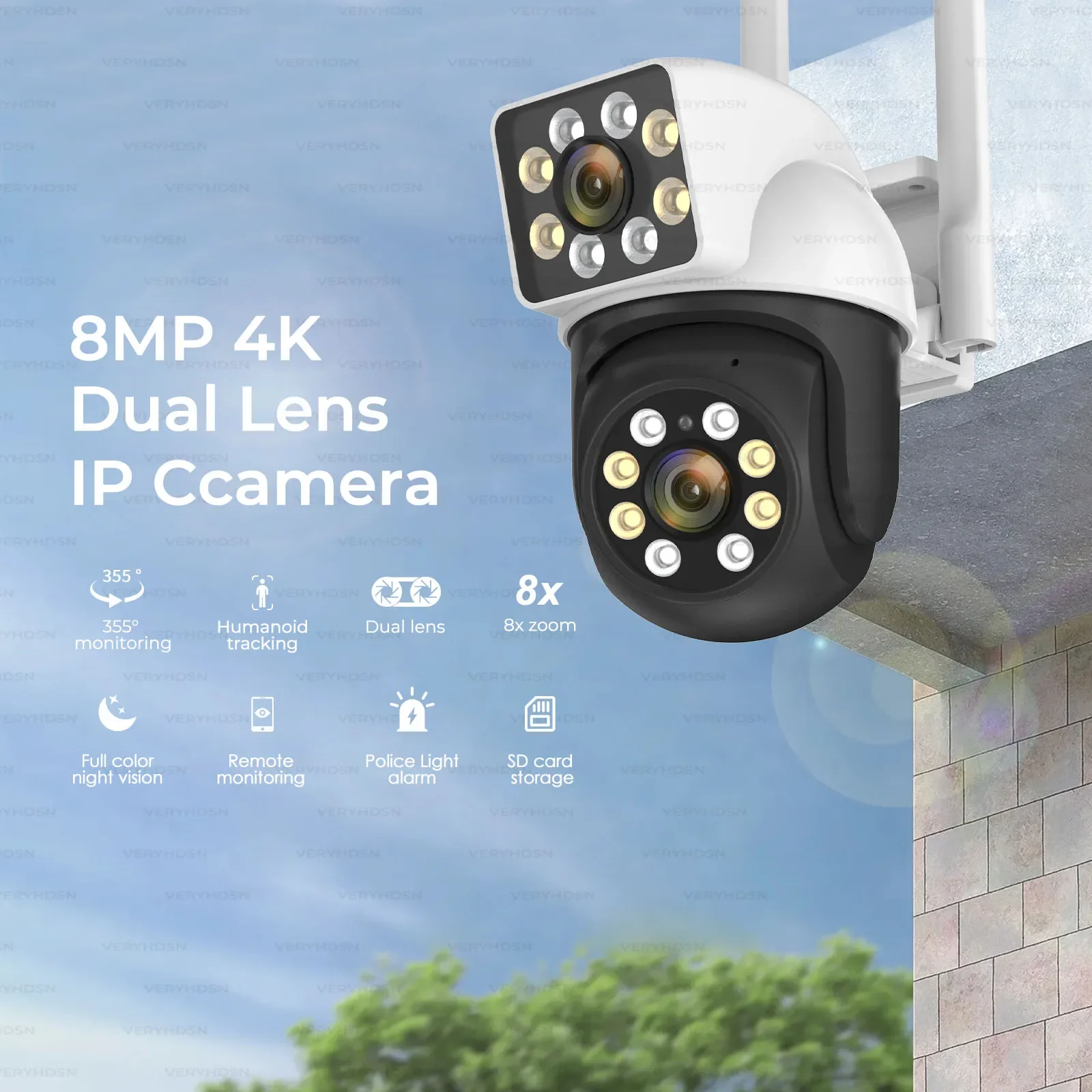 Kamera WIFI 4K 8MP layar ganda, kamera IP PTZ luar ruangan, deteksi manusia AI 8X Zoom warna penuh penglihatan malam CCTV pengawasan