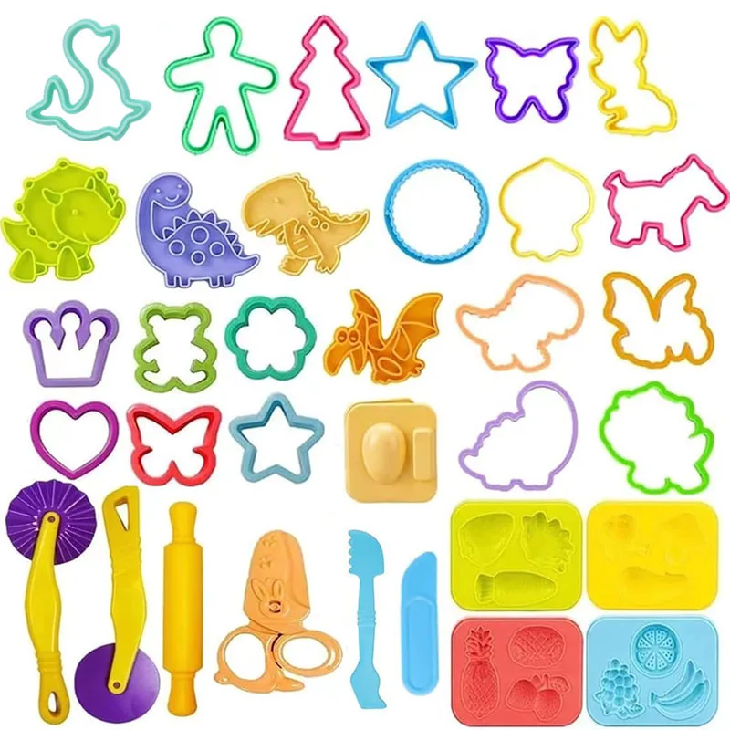 Dough Play Tools for Kids Dough Accessories Molds Dinosaur Fruit Roller Cutter Scissor Playdough Clay Mold Children DIY Toys