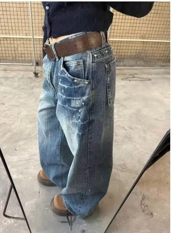 Calças Jeans Retrô Americanas com Rebites Lavadas, Cintura Alta, Perna Reta e Larga, para Homens e Mulheres, Primavera Outono...