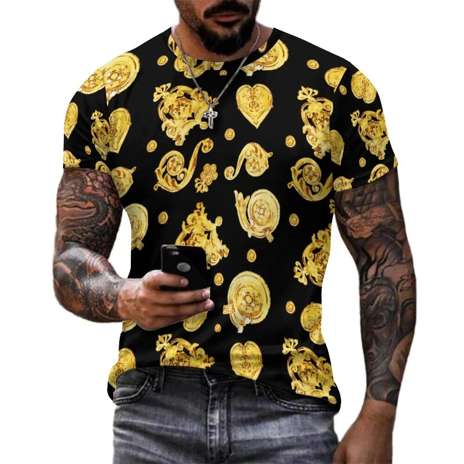 Man Metallic Gold T Shirt Metal Print Harajuku T Shirts Short Sleeves Graphic Tshirt Cheap Summer Casual Big Size Top Tees