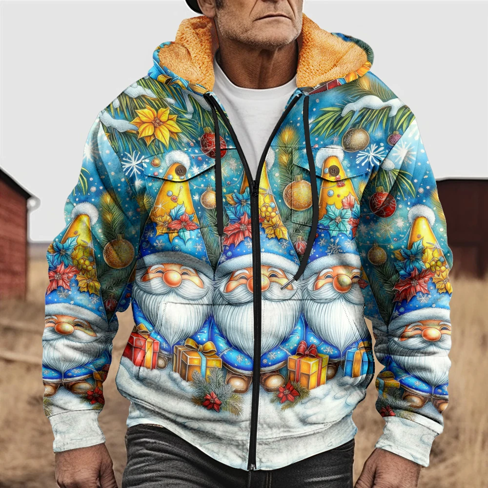 Men's winter jacket, blue hat, Santa Claus print, fashionable, avant-garde, thick and warm