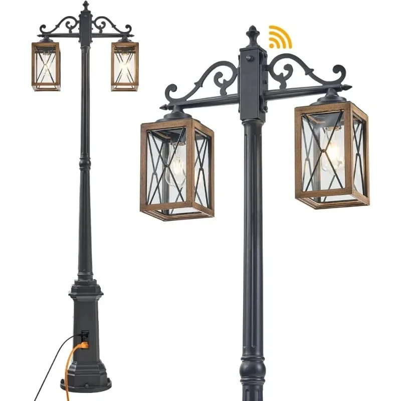 أثاث الحدائق تصميم مبتكر من الغسق إلى الفجر أضواء عمود المصابيح الخارجية مع منفذ GFCI، ضوء شارع المزرعة برأس مزدوج