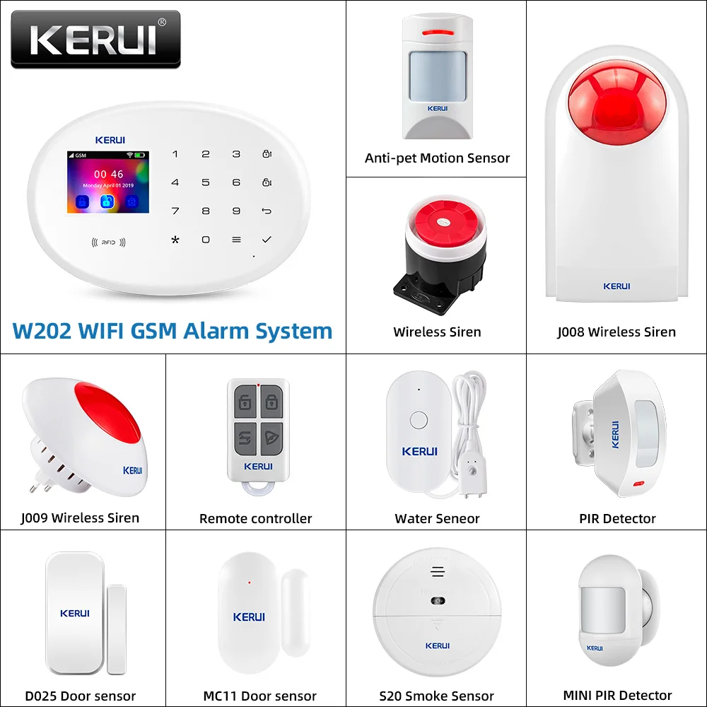 KERUI W202 와이파이 GSM 경보 시스템, 모션 센서 감지기, 문짝 센서, Tuya RFID 앱 리모컨 