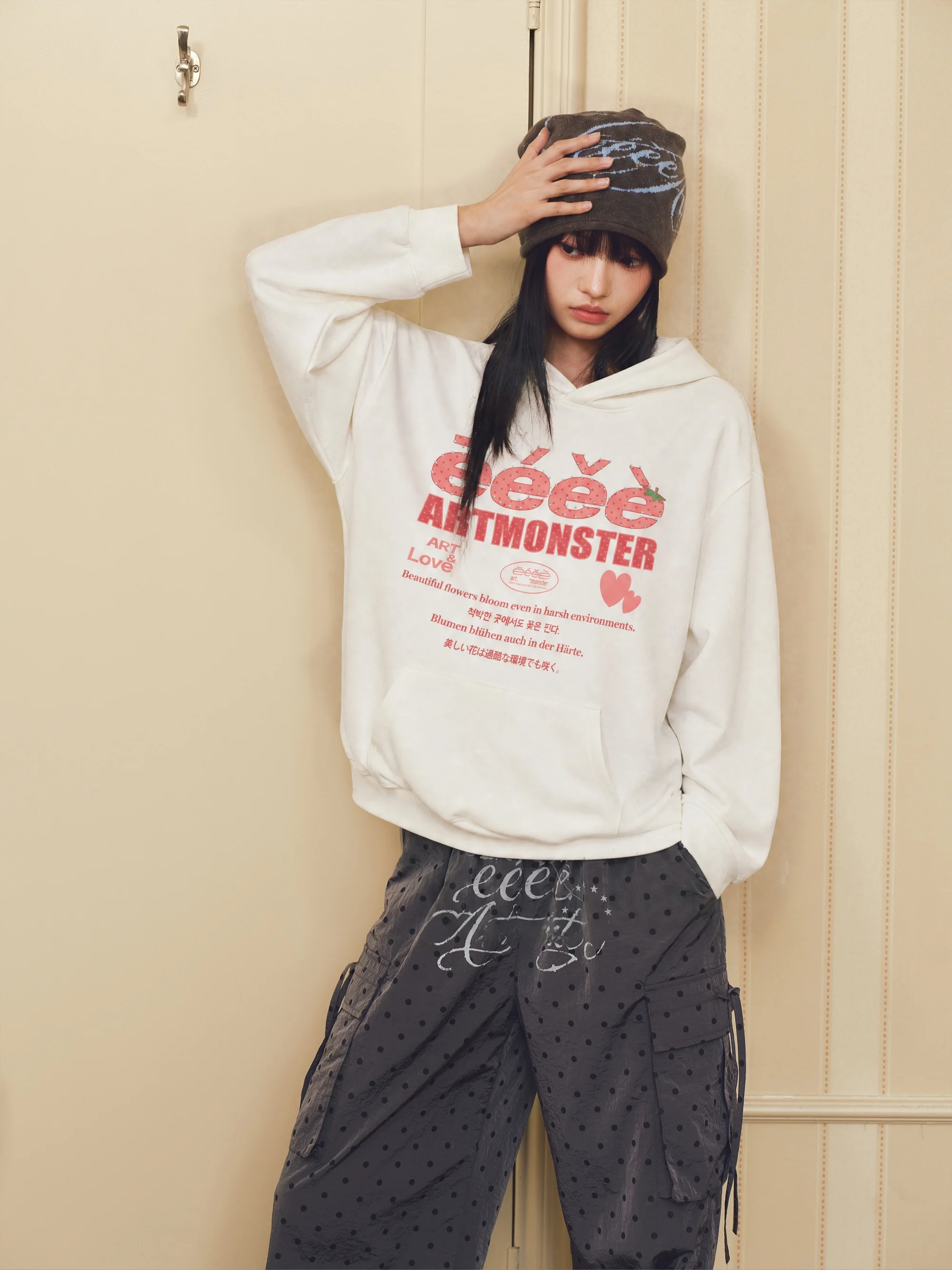 Pink Polka Dot Letter Hoodie Glitter Tag Korean Style Sweatshirt Standard Fit Long Sleeve Youthful Energy for Unisex