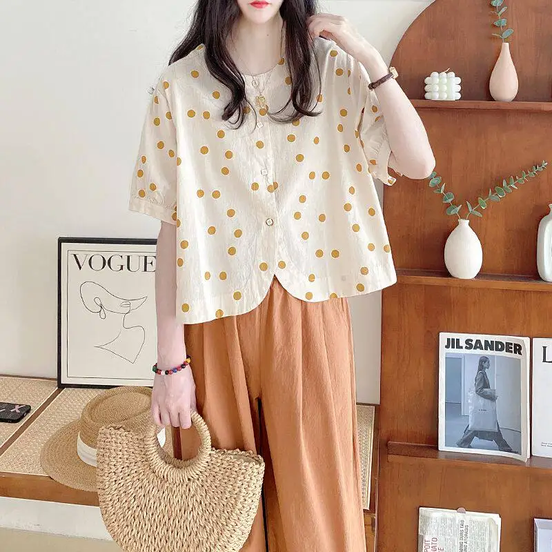 Polka Dot Babydoll Shirt for Women 2026 Summer New Casual Loose Fresh Good-looking Coats Commuter Breathable Short Sleeve Tops