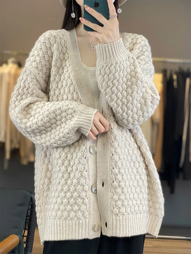 Light Luxury Autumn Winter Women Sweater 100% Merino Wool Knitted Cardigan Fashion Outerwears Loose Long Sleeve Clothing Tops