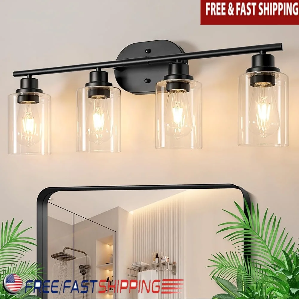 

4-Light Bathroom Vanity Light Fixtures Glass Shade Matte Black Industrial Wall Mount Up Down Installation E26 Socket Home Use