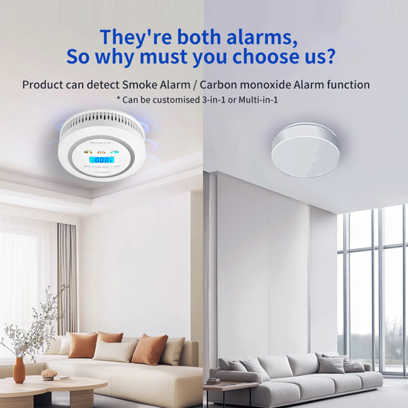 Carbon Monoxide Alarm Co Detector LCD Display Alarm with LCD Digital Display Sound Warning Smoke Alarm for Home Bedroom Kitchen