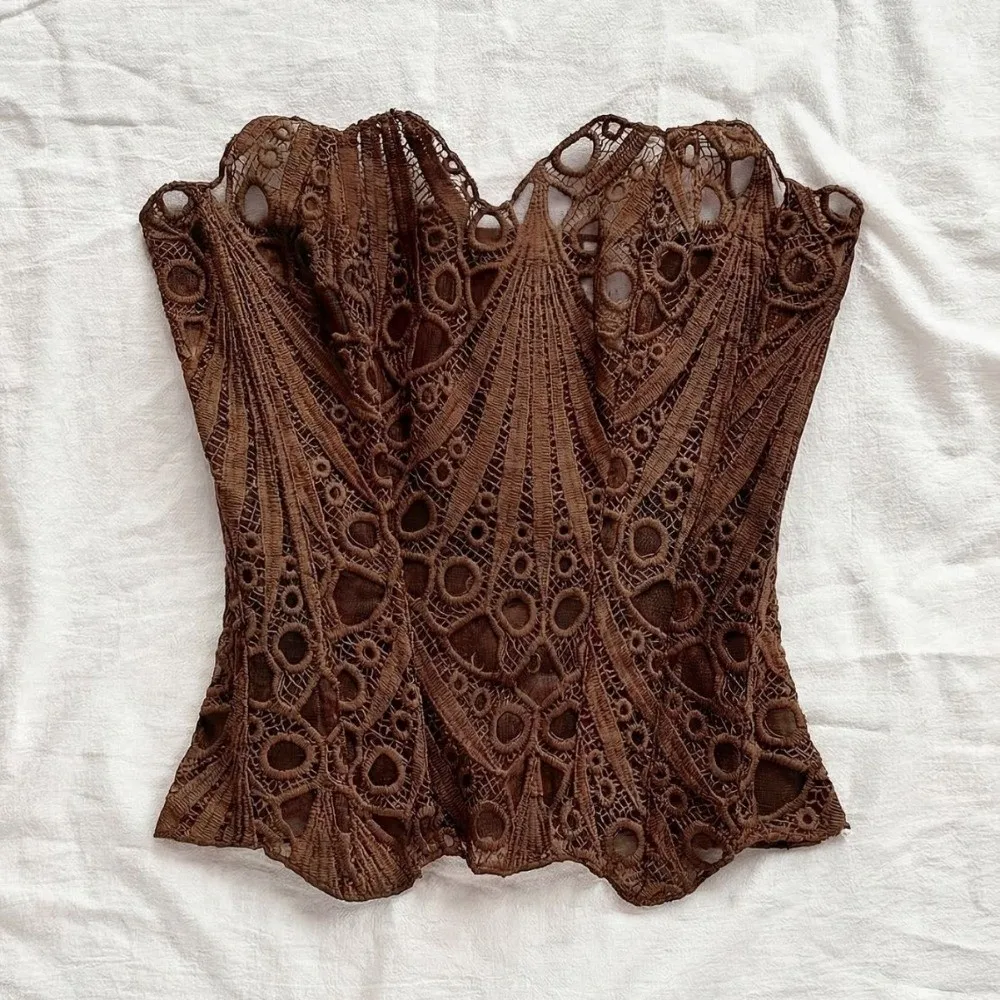 Vintage Rückenfreies Korsett-Top mit Schnürung, Fischgrätenmuster, Unregelmäßigem Saum, Spitzenkorsett, Netz-Einsätzen, Damenunterwäsche, Damenbekleidung – Detail 3