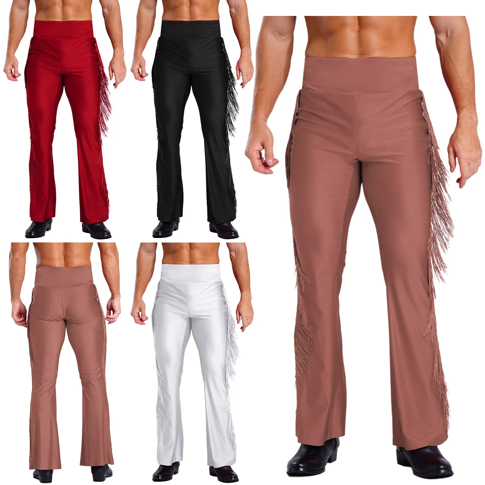 Men Tassel Flared Pants Latin Salsa Dance Bottom Vintage High Waist Bell-Bottom Trousers for Dance Stage Performance Theme Party